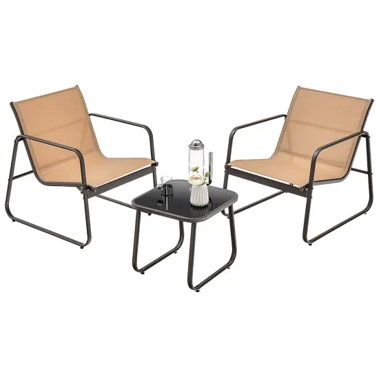 Costway 3 Pieces Patio Conversation Set Outdoor Metal Chair & Table Tempered Glass Top {3}