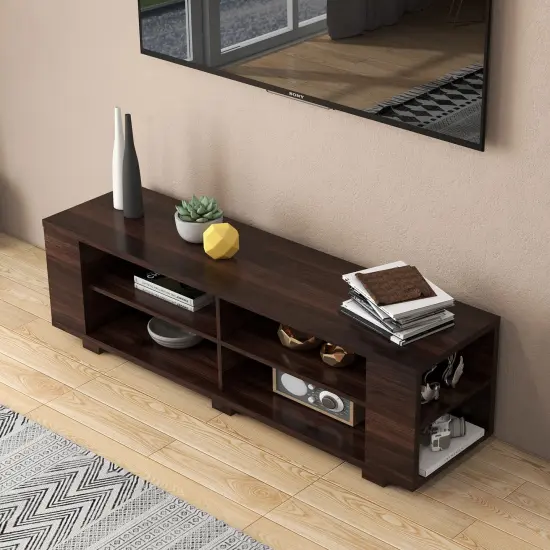 Wooden TV Stand with 8 Open Shelves for TVs up to 65 Inch Flat Screen Walnut {6}