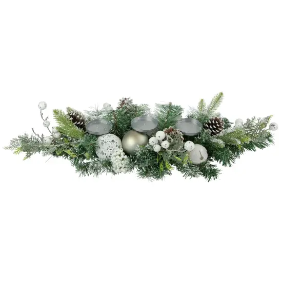 Northlight Frosted Pine and Pinecones with Laced Ornaments Christmas Triple Candle Holder - 32" White {1}
