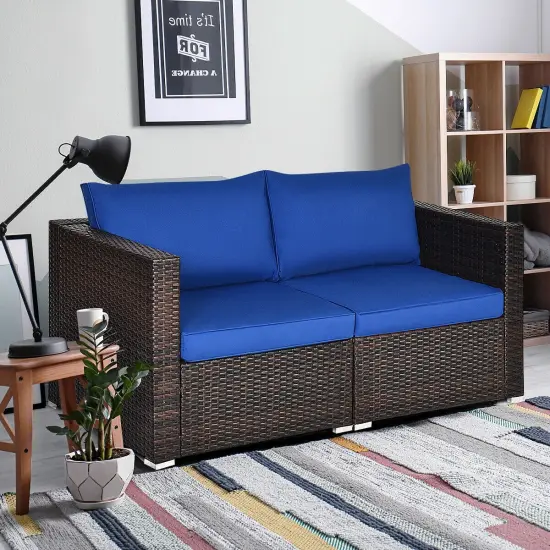 2PCS Patio Rattan Sectional Conversation Sofa Set Blue {7}