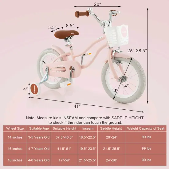 14 Inch Kid's Bike with Removable Training Wheels and Basket Pink {3}