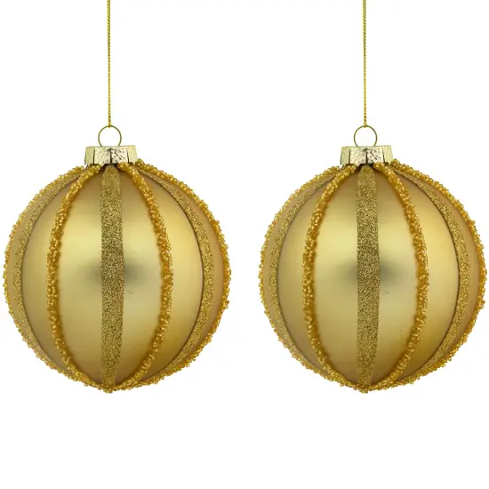 Northlight Glitter and Beads Striped Christmas Glass Ball Ornaments - 4" - Gold - Set of 2 {1}