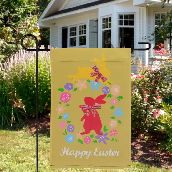 Northlight Hopping Bunnies "Happy Easter" Floral Outdoor Garden Flag 18" x 12.5" Yellow {3}