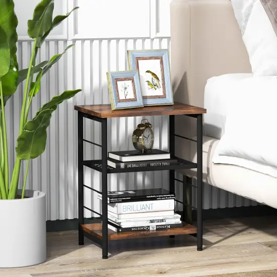 Costway 2 PCS 3-Tier Side End Table with Adjustable Mesh Shelf Narrow Nightstand {2}