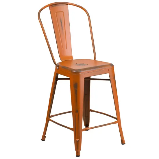 Merrick Lane Sabine Metal Indoor-Outdoor Counter Stool with Vertical Slat Back and Integrated Footrest Orange {1}