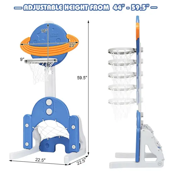 3 in 1 Kids Basketball Hoop Set with 5 Adjustable Height Levels Perfect Gift for Children Blue {4}