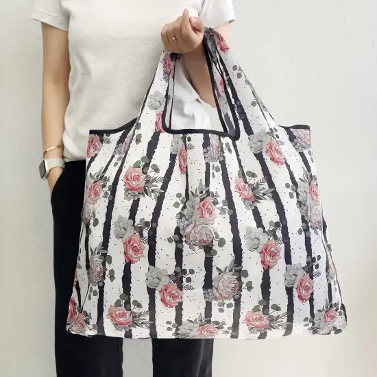 Wrapables Large Foldable Tote Nylon Reusable Grocery Bags Rose & Stripes {5}