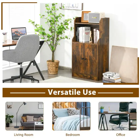 Costway Storage Cabinet Bookcase w/2 Doors and Open Shelves Display Shelf Rustic Brown {6}