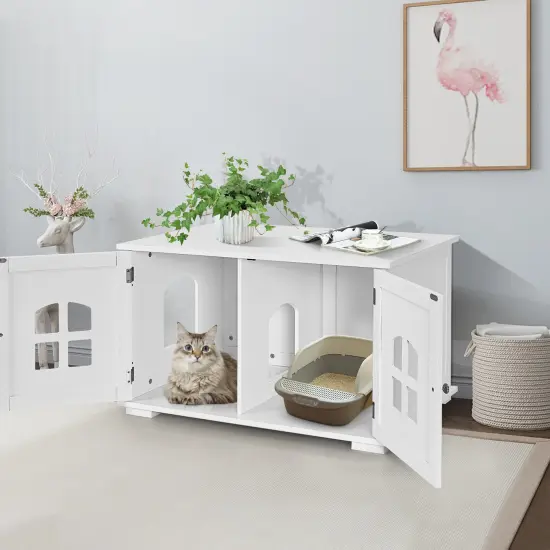 Large Wooden Cat Litter Box Enclosure Hidden Cat Washroom with Divider White {2}