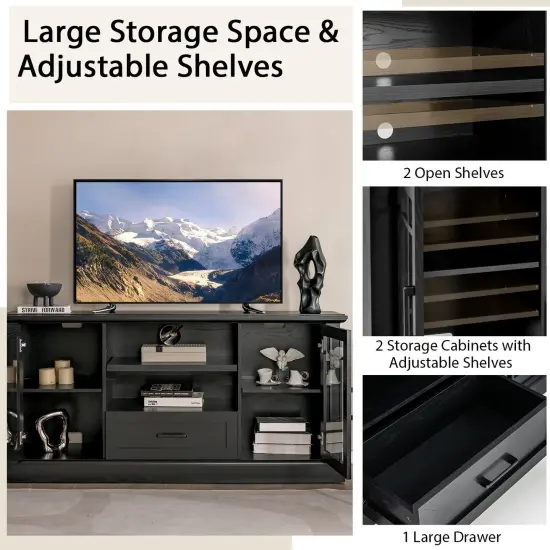 TV Stand for TVs up to 70 with Glass Doors Cubbies and Drawer-Black {6}