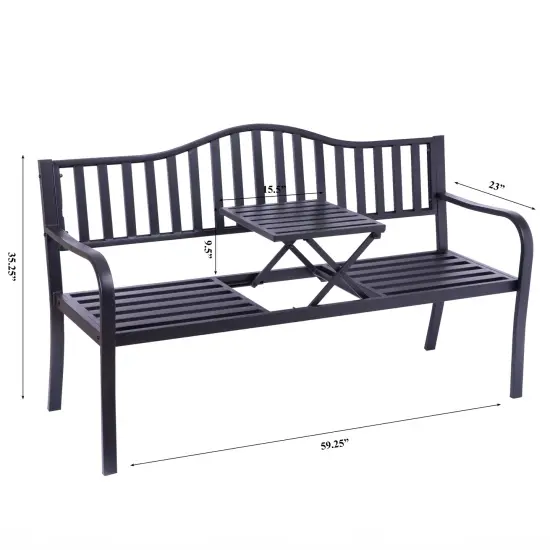 Outdoor Powder Coated Steel Park Bench, Garden Bench with Pop Up Middle Table, Lawn Decor Seating Bench for Yard, Patio, Garden, Balcony, and Deck {6}