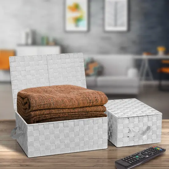 Sorbus Woven Basket Bin Set - Shelf Storage Tote Baskets for Household Items - Stackable with lid, Woven Straps and built-in Carry Handles (3 Pack) White {2}