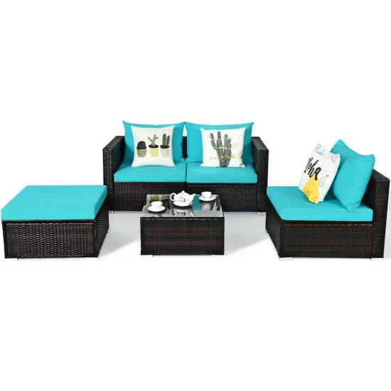 5 Pieces Patio Rattan Sectional Furniture Set with Cushions and Coffee Table Turquoise {4}
