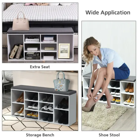 10-Cube Organizer Entryway Padded Shoe Storage Bench White {3}
