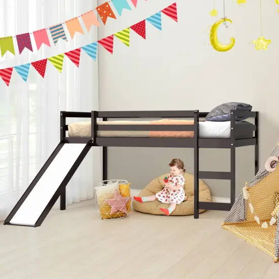 Twin Size Low Sturdy Loft Bed with Slide Wood Brown {2}
