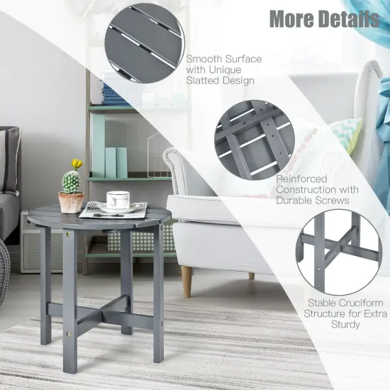 18 Inch Patio Round Side Wooden Slat End Coffee Table for Garden Grey {2}