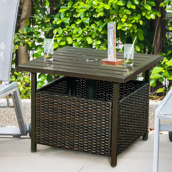 Costway Brown Rattan Wicker Steel Side Table Outdoor Furniture Deck Garden Patio Pool {3}