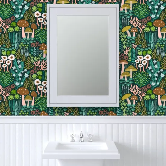 Peel & Stick Wallpaper 2FT Wide Green Mossy Mushrooms Woodland Botanical Lichen Nature Whimsical Teal Custom Removable Wallpaper by Spoonflower {6}