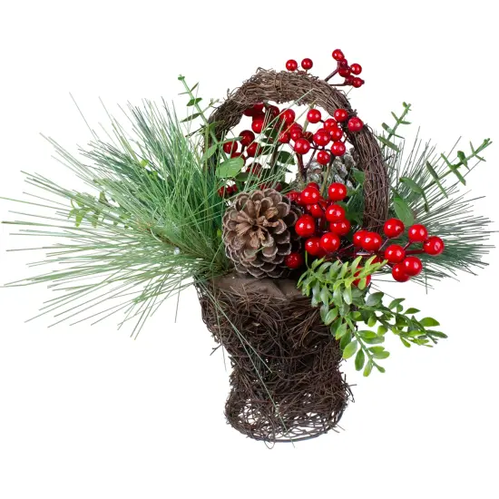 Northlight 15" Eucalyptus Pine and Berry Artificial Christmas Grapevine Basket Brown {4}