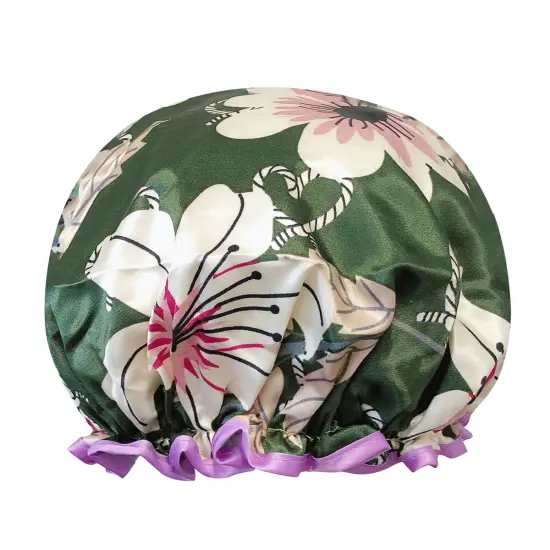 Wrapables Reusable Women's Waterproof Shower Caps for Long Hair Lilies Green {1}