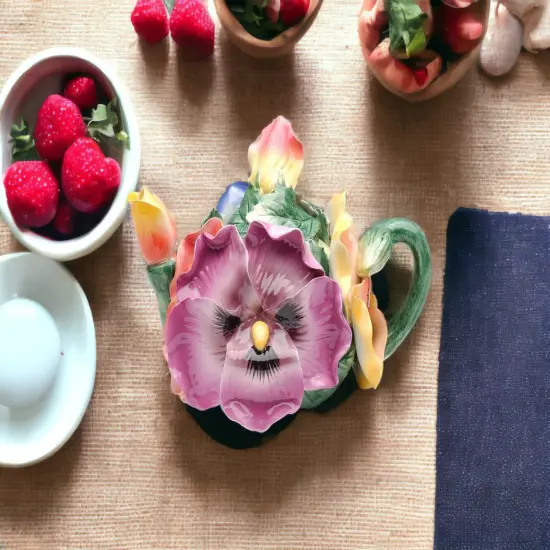 Ceramic Pansy Flower Teapot, Gift for Her, Gift for Mom, Tea Party Décor, Café Décor, Spring Kitchen Decor {2}