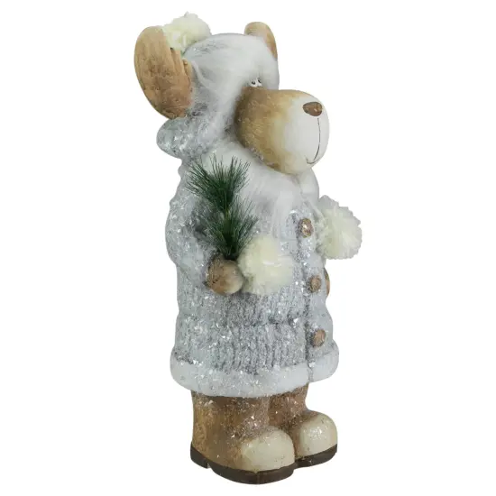 Northlight Frosted Ceramic Moose in Winter Coat Holding Pine Sprigs Christmas Figure - 18" Brown {3}