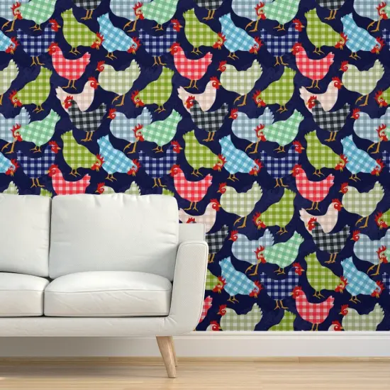 Pre-Pasted Wallpaper 2FT Wide Dark Blue Whimsical Animals Barnyard Multicolor Custom Pre-pasted Wallpaper by Spoonflower {5}