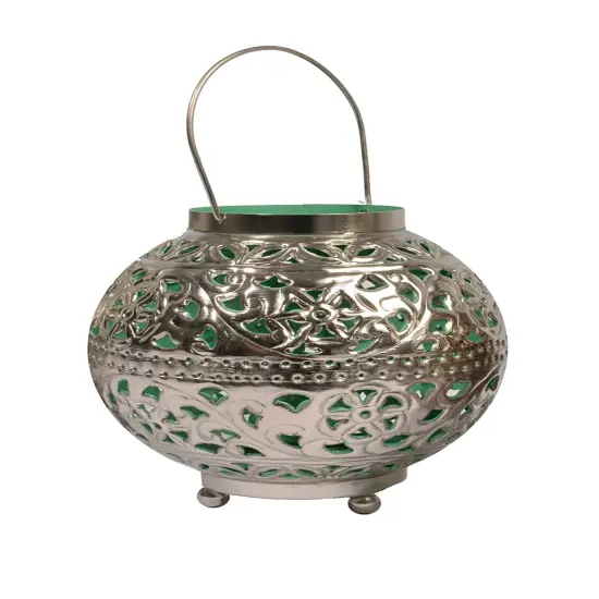 Kaemingk 8" Tropicalia Silver and Green Cut-Out Floral Votive Candle Holder {1}