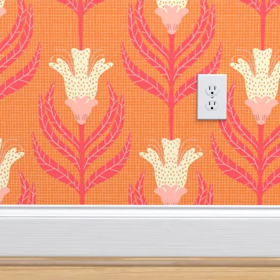 Pre-Pasted Wallpaper 2FT Wide Floral Damask Bright Vintage Cream Retro Orange Funky Simple Custom Pre-pasted Wallpaper by Spoonflower {4}