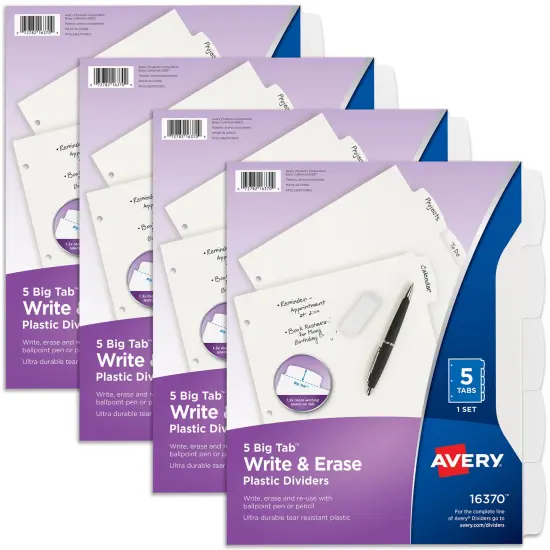 Avery Durable Plastic Write & Erase Big Tab Dividers for 3 Ring Binder, White, 5 Tab Set, 4 Packs, 4 Sets Total (16370) {1}