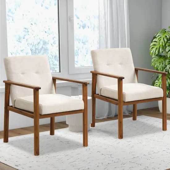 Costway Modern Accent Chair Upholstered Linen Fabric Armchair with Solid Wood Legs {3}