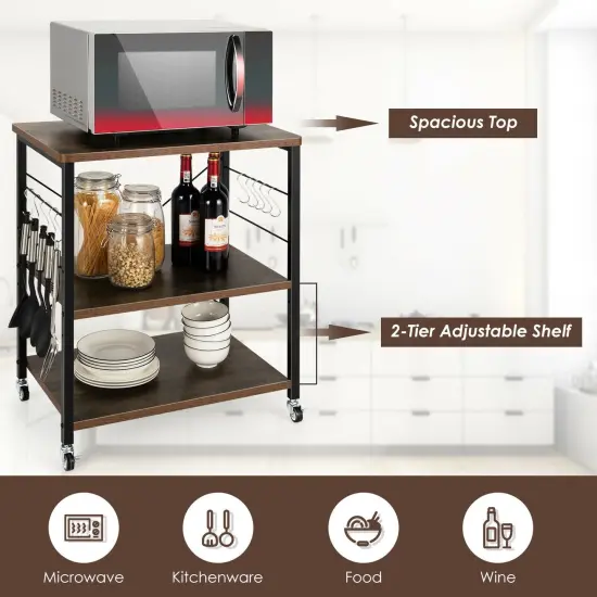3-Tier Kitchen Baker's Rack Microwave Oven Storage Cart with Hooks Rustic Brown {5}