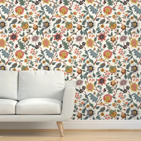 Pre-Pasted Wallpaper 2FT Wide Multicolor Flowers Folk Garden Bedroom Italian Botanical Florals Villa Sage Mustard Coral Wildflower Meadow Large Scale Custom Pre-pasted Wallpaper by Spoonflower {5}
