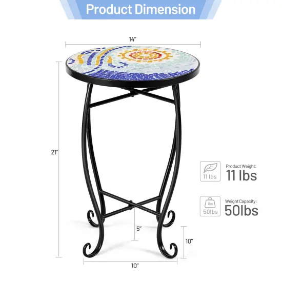 Steel Mosaic Round Accent Table for Patio Lawn Garden Blue ocean {4}