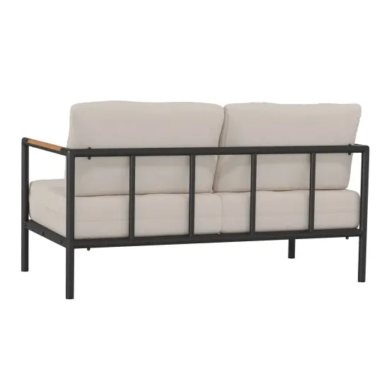 Merrick Lane Eastport Outdoor Loveseat with Removable Plush Fabric Cushions and Teak Accented Aluminum Frame Light Gray {4}