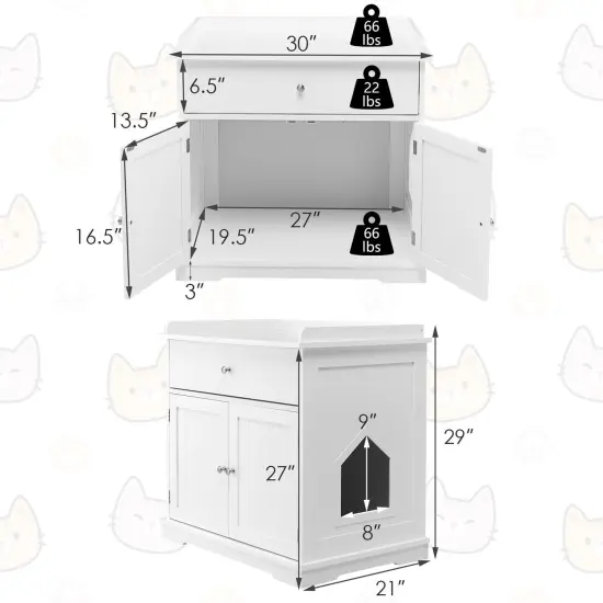 Wooden Cat Litter Box Enclosure with Drawer Side Table Furniture White {5}