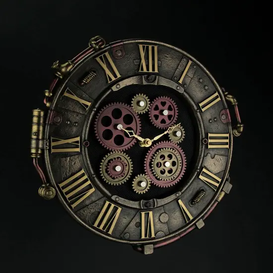 Steampunk Bronze Finish Rivet Plate Wall Clock With Moving Gears {3}