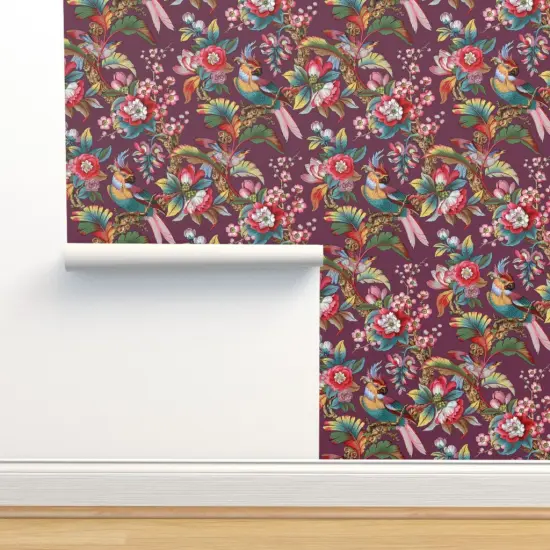 Peel & Stick Wallpaper 2FT Wide Purple Antique Birds Palm Jungle Tropical Magenta Burgundy Wine Mauve Botanical Parrot Victorian Edwardian Art Nouveau Large Scale Custom Removable Wallpaper by Spoonflower {2}