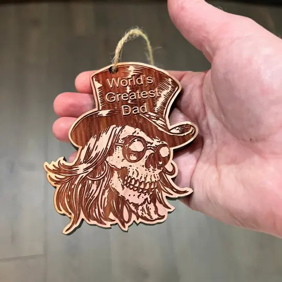 Worlds Best Dad with SKULL and HAT - Cedar Ornament {4}