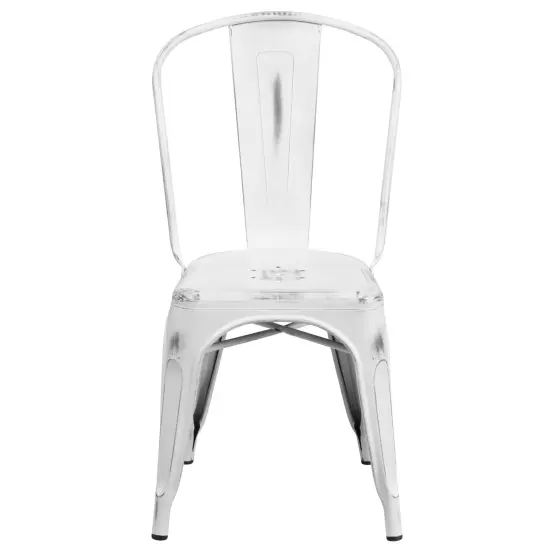 Merrick Lane Banks Indoor/Outdoor Stacking Metal Dining Chair with Single Slat Back and Distressed Powder Coated Finish White {3}