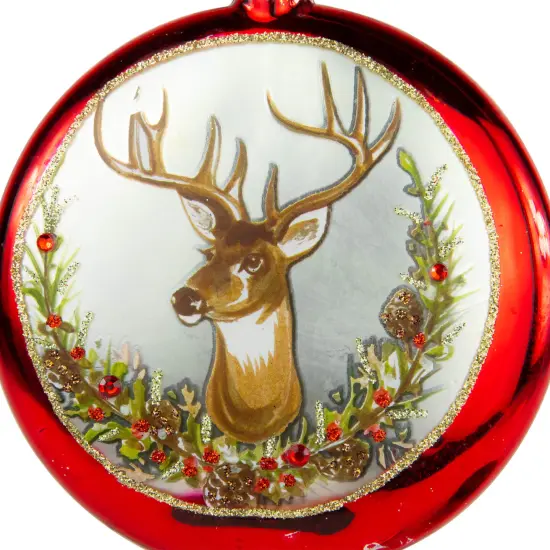 Northlight Glittered Reindeer with Wreath Glass Disc Christmas Ornament - 4"- Red {7}