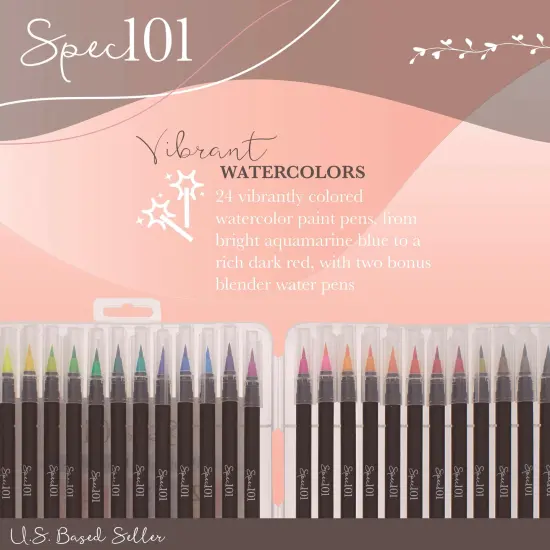 Spec101 Watercolor Pens Brush Set - 24 Watercolor Brush Markers and 2 Blend Pens {2}