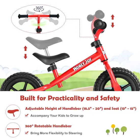 Kids No Pedal Balance Bike with Adjustable Handlebar and Seat Red {4}