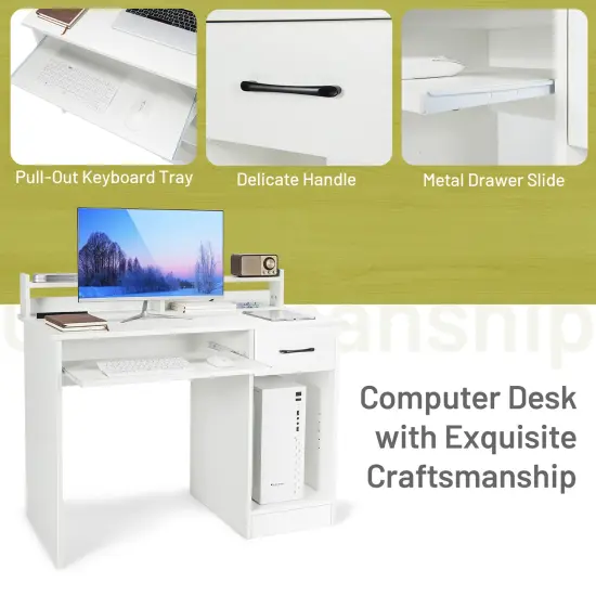 Costway 22" Wide Computer Desk Writing Study Laptop Table w/ Drawer & Keyboard Tray White\Black {6}