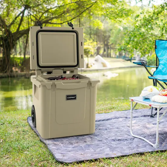Costway 45 Quart Cooler Towable Ice Chest w/ All-Terrain Wheels Leak-Proof for Camping {2}
