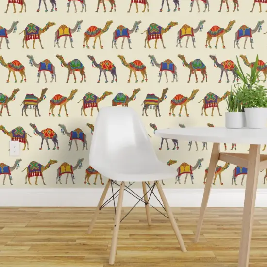 Pre-Pasted Wallpaper 2FT Wide Exotic Desert Animal Camel Pom Poms Tassels Whimsical Maximalist Colorful Custom Pre-pasted Wallpaper by Spoonflower {1}