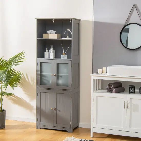 6-Tier Freestanding Bathroom Cabinet with 2 Open Compartments and Adjustable Shelves-Gray {2}