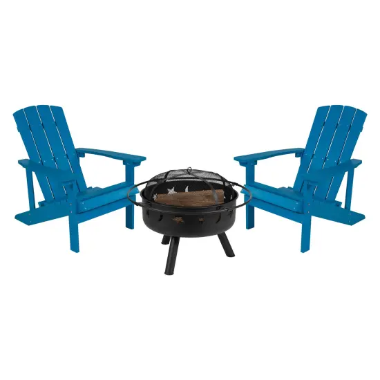 Merrick Lane Ayala 3 Piece Outdoor Leisure Set with Set of 2 Poly Resin Adirondack Chairs and Star and Moon Iron Fire Pit Blue {1}