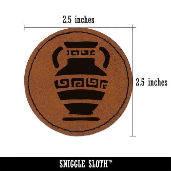 Ancient Greek Pottery Vase Round Iron-On Engraved Faux Leather Patch Applique - 2.5" Brown {3}