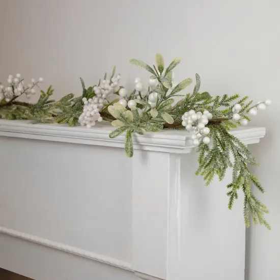 Northlight 5' x 7" Artificial Christmas Garland with Frosted Foliage and White Berries Unlit Green {3}